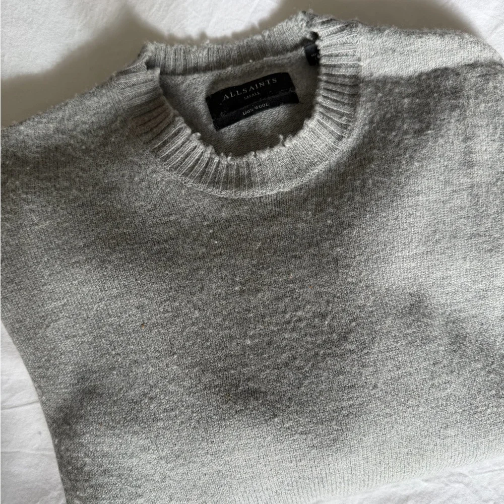 All Saints Gray Distressed Crewneck Sweater - Picture 1 of 3
